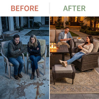 7 Piece Outdoor Patio Furniture Set, Patio Furniture Set with Fire Pit Table Rattan Wicker Patio Furniture Set, Brown Wicker & Beige Cushion — Before & After