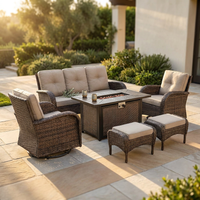 7 Piece Outdoor Patio Furniture Set, Patio Furniture Set with Fire Pit Table Rattan Wicker Patio Furniture Set, Brown Wicker & Beige Cushion — Studio Shot