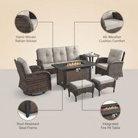 7 Piece Outdoor Patio Furniture Set, Patio Furniture Set with Fire Pit Table Rattan Wicker Patio Furniture Set, Brown Wicker & Beige Cushion — infographic