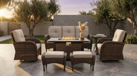 7 Piece Outdoor Patio Furniture Set, Patio Furniture Set with Fire Pit Table Rattan Wicker Patio Furniture Set, Brown Wicker & Beige Cushion — Lifestyle