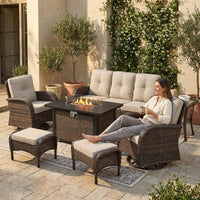 7 Piece Outdoor Patio Furniture Set, Patio Furniture Set with Fire Pit Table Rattan Wicker Patio Furniture Set, Brown Wicker & Beige Cushion — Lifestyle