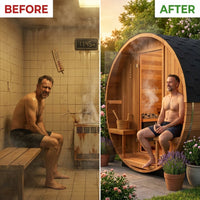 Traditional Barrel Sauna Crafted for Authentic Steam Sessions, Patchwork Red Cedar, 6-Person Capacity, Exterior Benches — Before & After