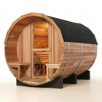 Traditional Barrel Sauna Crafted for Authentic Steam Sessions, Patchwork Red Cedar, 6-Person Capacity, Exterior Benches — Studio Shot
