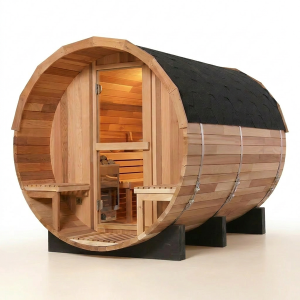 Traditional Barrel Sauna Crafted for Authentic Steam Sessions, Patchwork Red Cedar, 6-Person Capacity, Exterior Benches