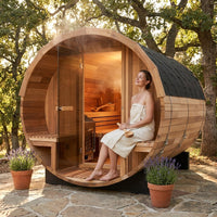 Traditional Barrel Sauna Crafted for Authentic Steam Sessions, Patchwork Red Cedar, 6-Person Capacity, Exterior Benches — Lifestyle