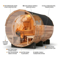 Traditional Barrel Sauna Crafted for Authentic Steam Sessions, Patchwork Red Cedar, 6-Person Capacity, Exterior Benches — How It Works